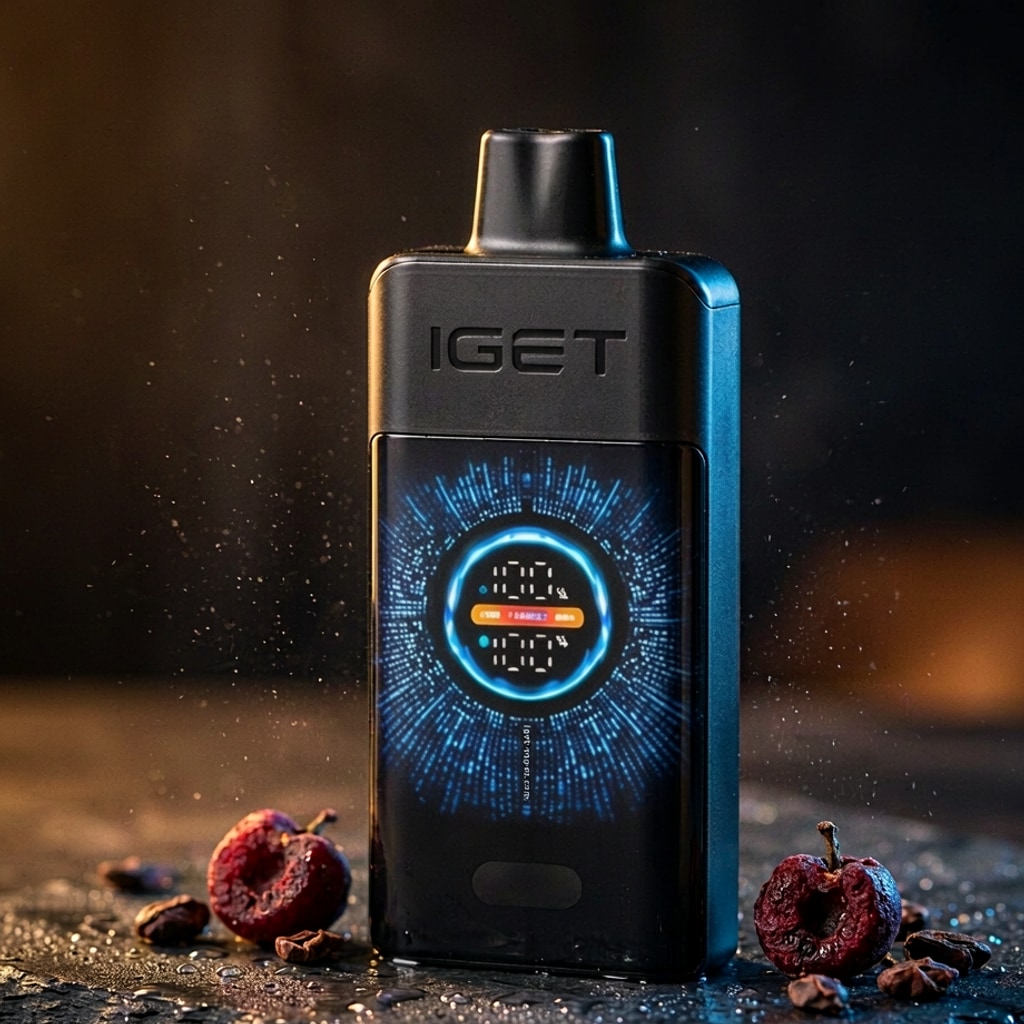 IGET One 12000 disposable vape with curved colour screen and IGET wordmark, photographed on dark slate