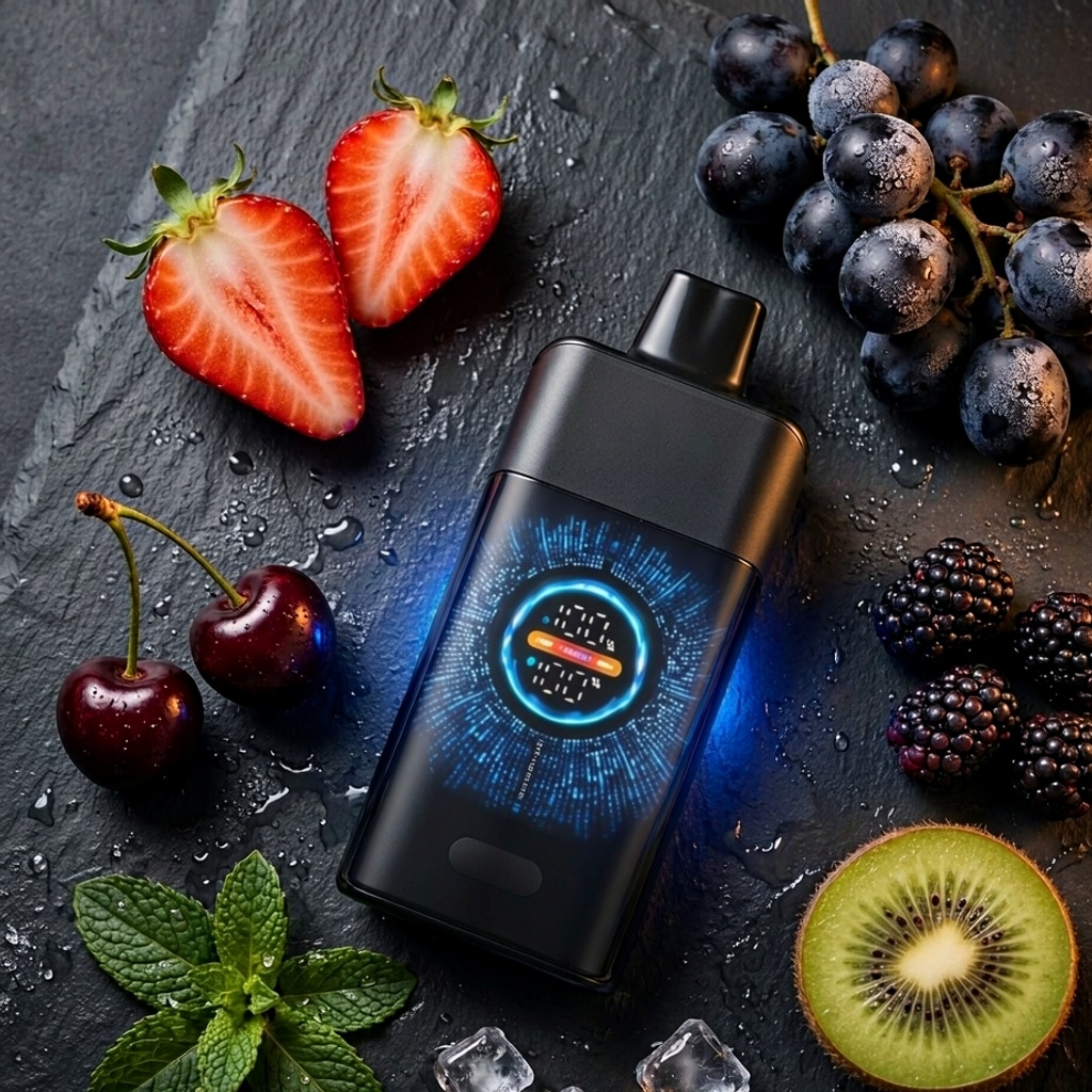 IGET One 12000 disposable vape on wet slate surrounded by strawberry, cherries, blackberries, grapes, kiwi and mint
